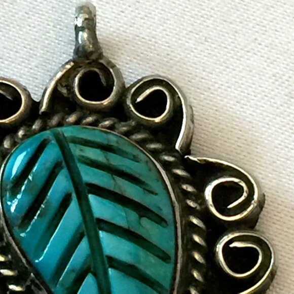 3PC VINTAGE NAVAJO TURQUOISE LEAF STERLING SILVER RING PENDANT CUFF BRACELET 34g - Picture 4 of 12